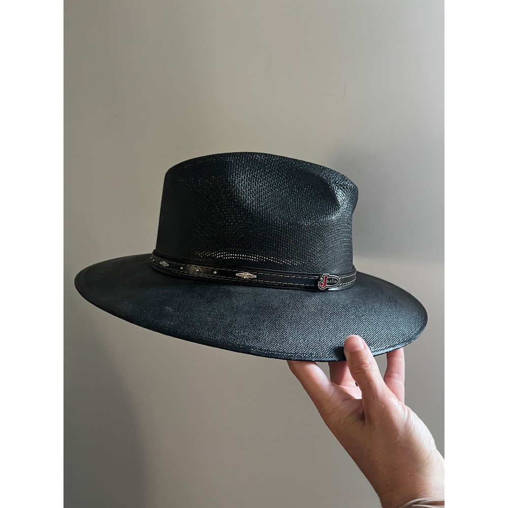 Justin Black Straw Cowboy Hat Large Studded Band Western Rancher Stetson Rodeo